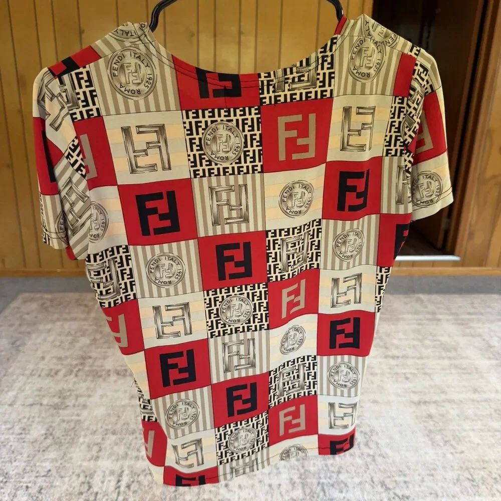 Vintage Fendi Jeans Logo Coin Print Shirt Size M Red Brown Top Women’s Blouse - Picture 3 of 13